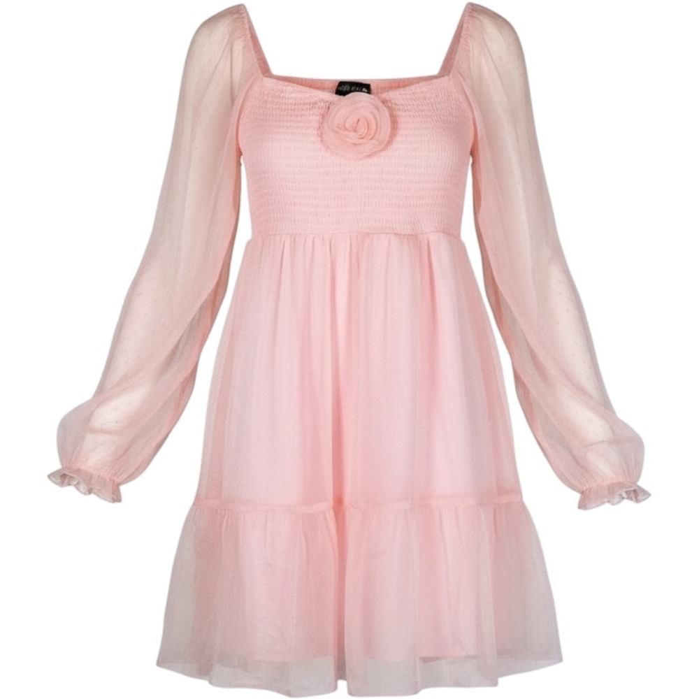 Midnight Doll Pink Smocked Mini Dress Long Sleeve Junior L NEW Whimsigoth Y2K